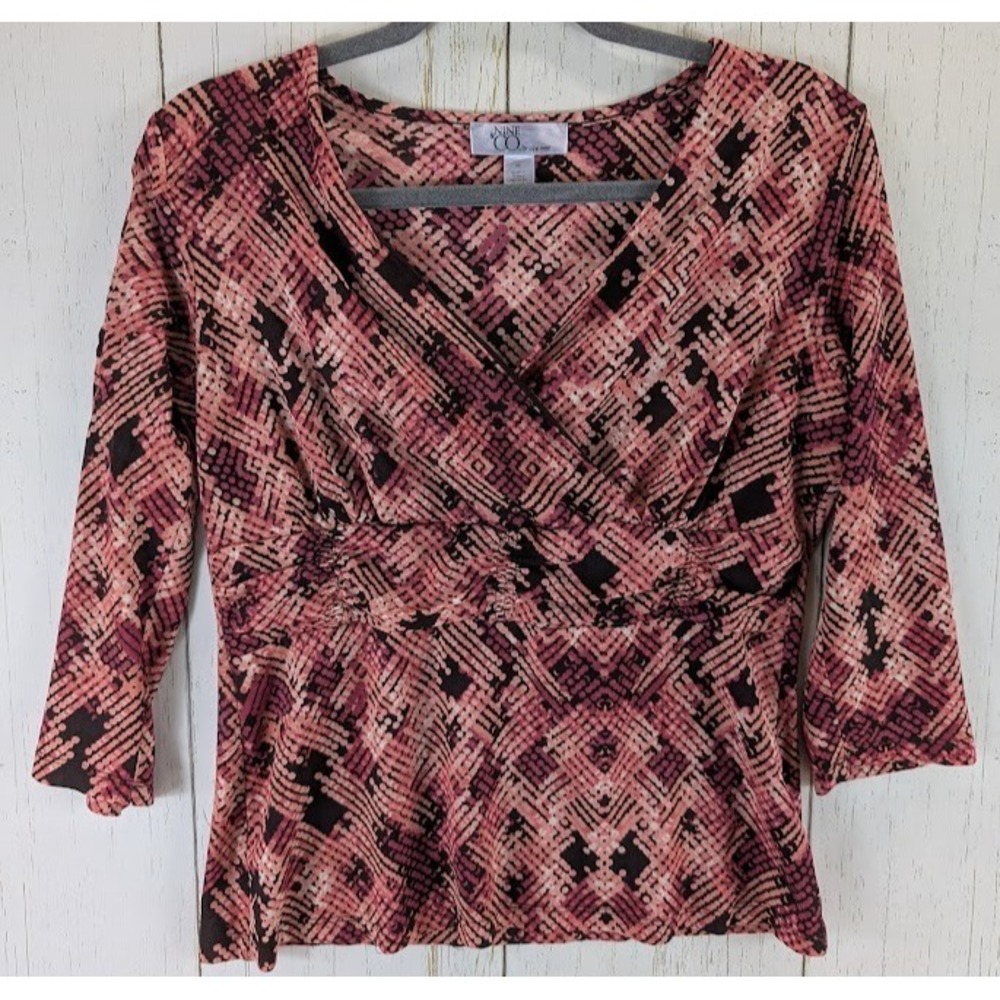 Nine Co Size Medium Pink Orange‎ Patterned V Neck 3/4 Sleeve Womens Blouse